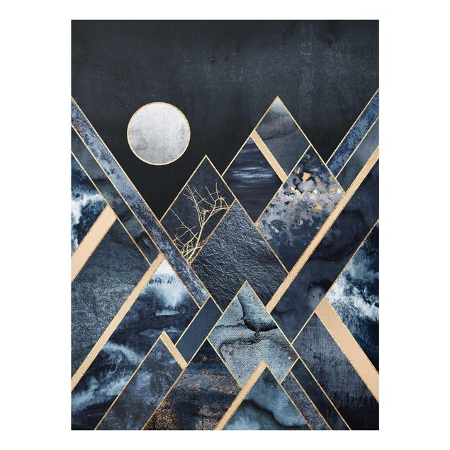 Glasbild - Goldener Mond abstrakte schwarze Berge - Hochformat 4:3