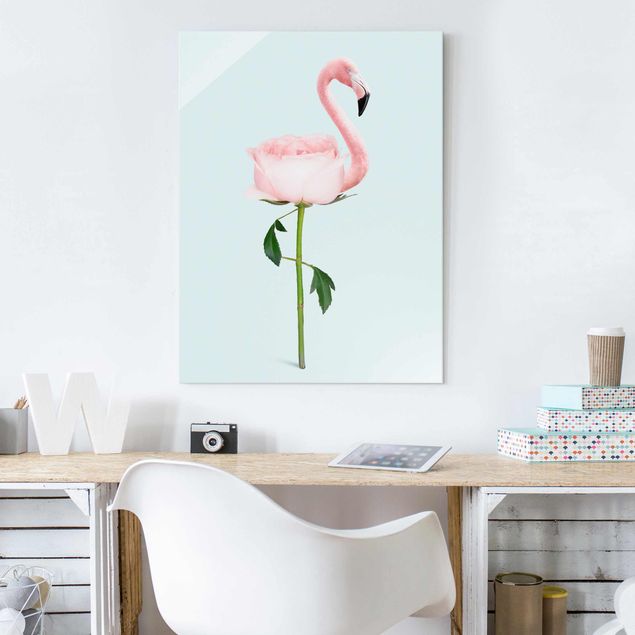 Magnettafel Glas Flamingo mit Rose