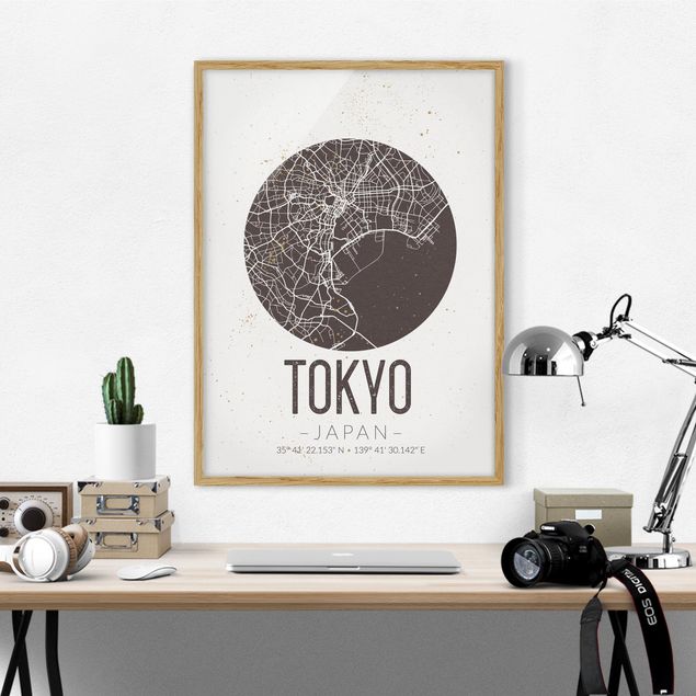 Bild mit Rahmen - Stadtplan Tokyo - Retro - Hochformat 3:4
