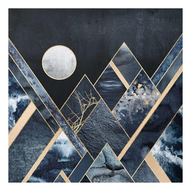Glasbild - Goldener Mond abstrakte schwarze Berge - Quadrat 1:1