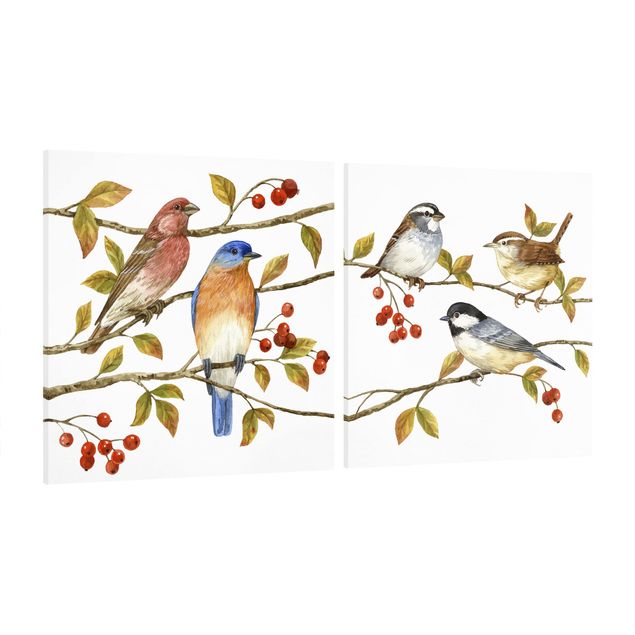 Leinwandbild 2-teilig - Vögel und Beeren Set I - Quadrate 1:1