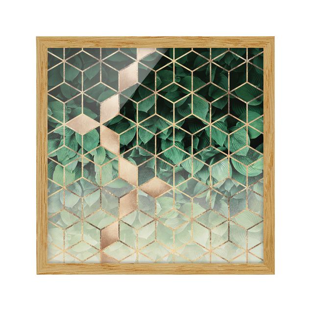 Bild mit Rahmen - Grüne Blätter goldene Geometrie - Quadrat 1:1