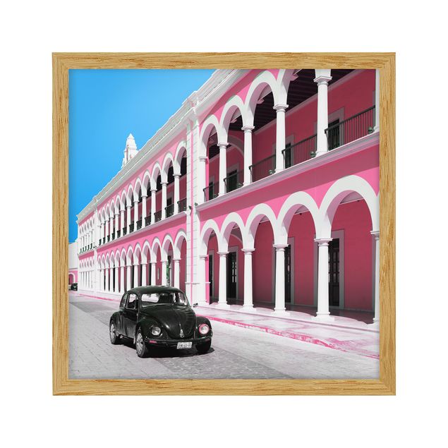 Bild mit Rahmen - Schwarzer Beetle Pinke Fassade - Quadrat 1:1
