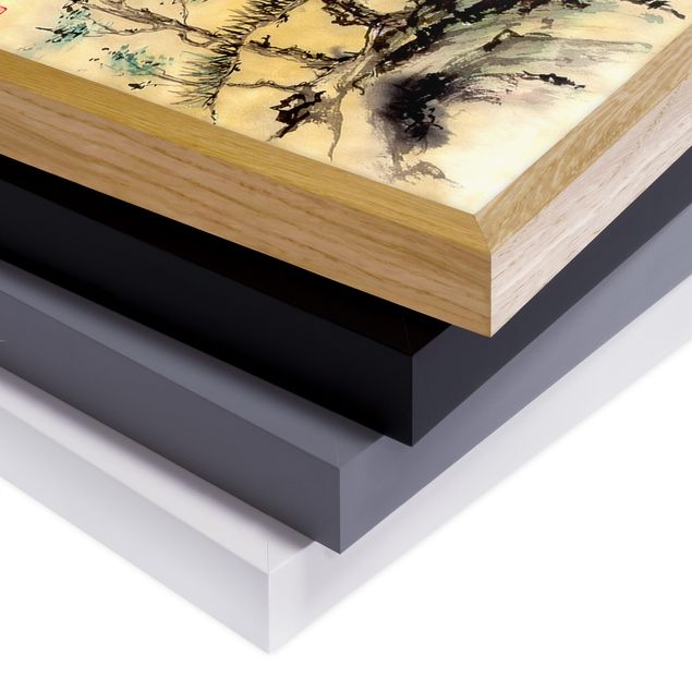 Bild mit Rahmen - Japanische Aquarell Zeichnung Zedern und Berge - Hochformat 4:3
