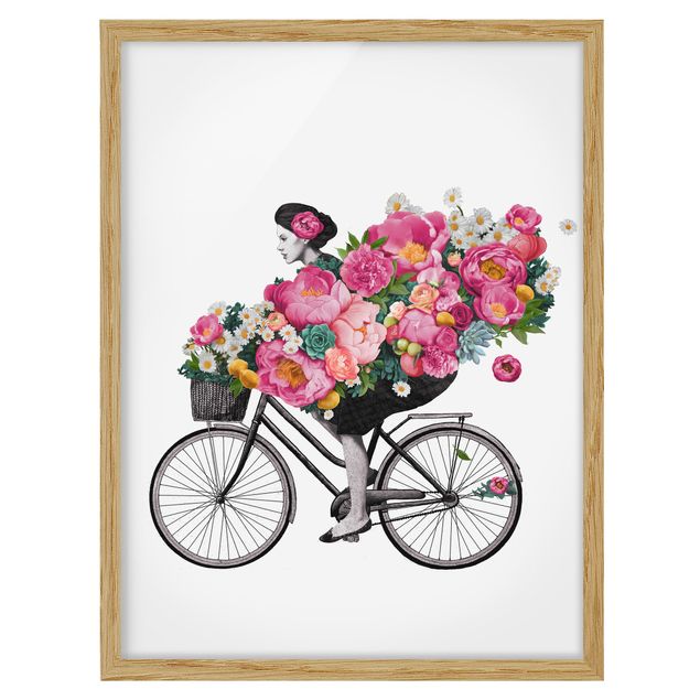 Bild mit Rahmen - Illustration Frau auf Fahrrad Collage bunte Blumen - Hochformat 4:3