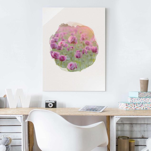 Glasbild - Wasserfarben - Violette Schlafmohn Blumenwiese im Frühling - Hochformat 4:3