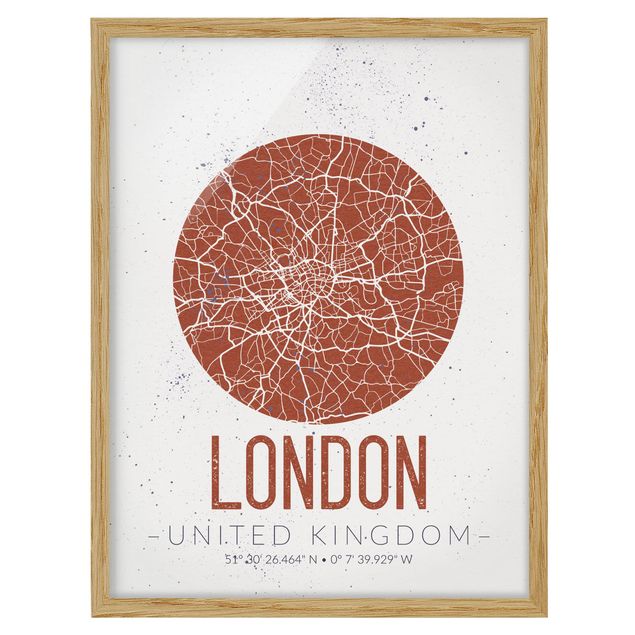 Bild mit Rahmen - Stadtplan London - Retro - Hochformat 3:4