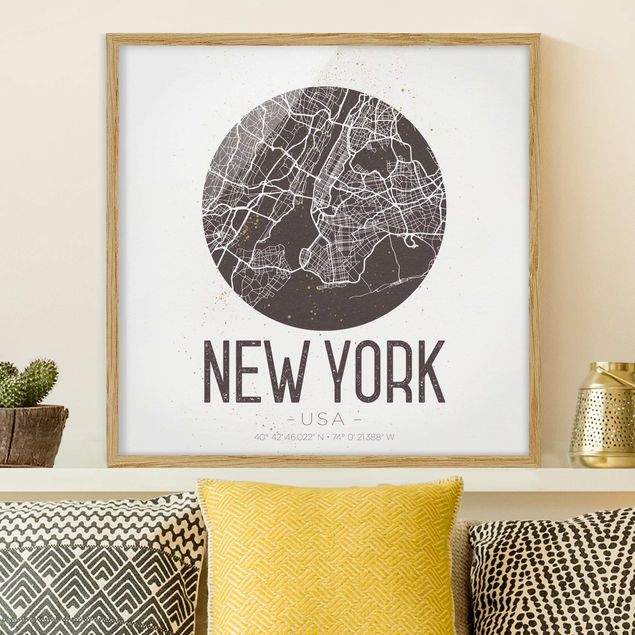 Bild mit Rahmen - Stadtplan New York - Retro - Quadrat 1:1