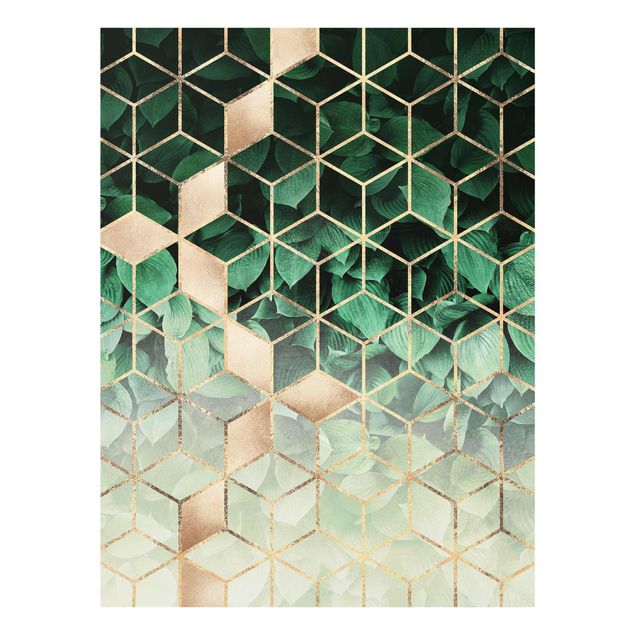 Glasbild - Grüne Blätter goldene Geometrie - Hochformat 4:3