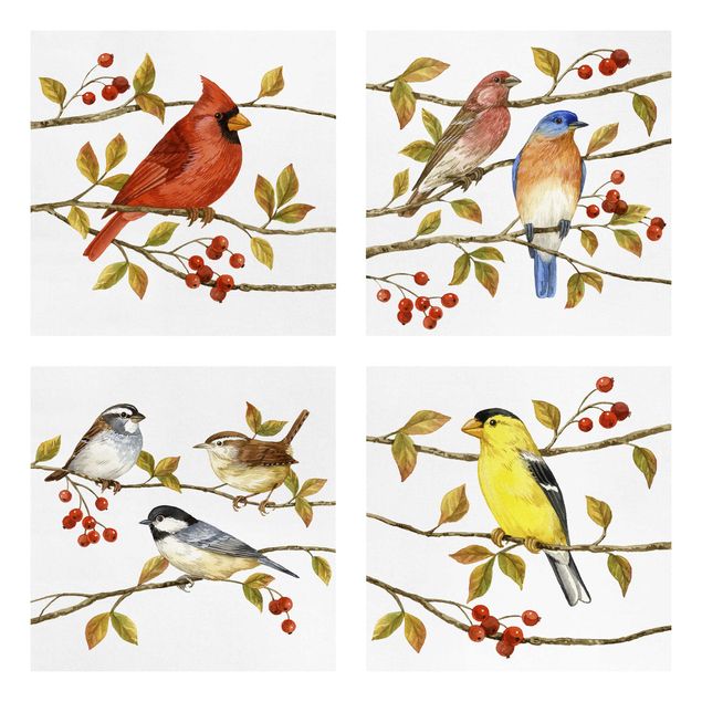 Leinwandbild 4-teilig - Vögel und Beeren Set II