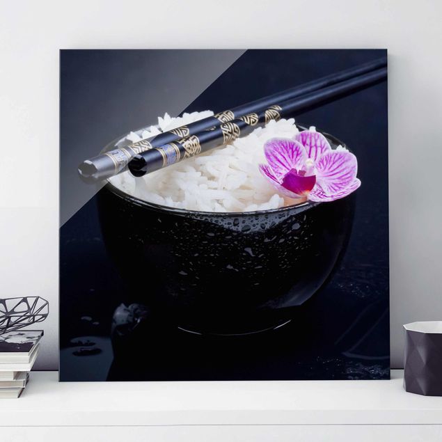 Glas Magnettafel Reisschale mit Orchidee
