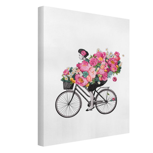 Leinwandbild - Illustration Frau auf Fahrrad Collage bunte Blumen - Hochformat 4:3