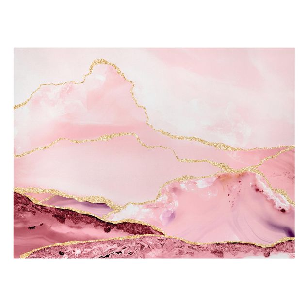 Leinwandbild - Abstrakte Berge Rosa mit Goldene Linien - Querformat 3:4