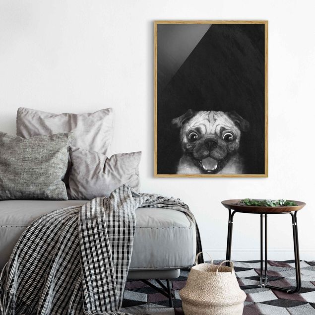 Bild mit Rahmen - Illustration Hund Mops Malerei auf Schwarz Weiß - Hochformat 4:3