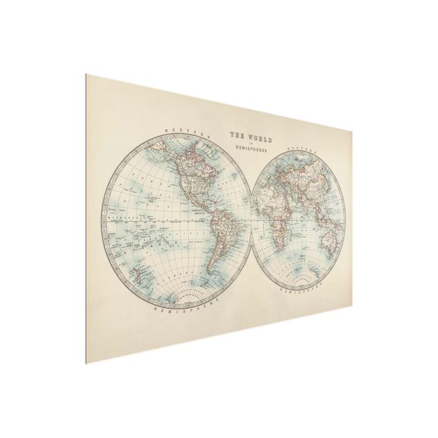 Glasbild - Vintage Weltkarte Die zwei Hemispheren - Querformat 2:3