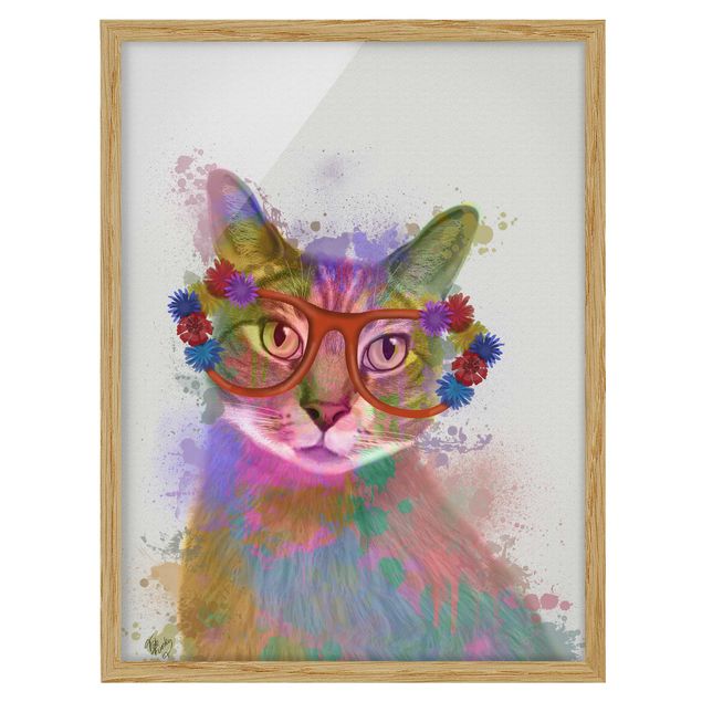 Bild mit Rahmen - Regenbogen Splash Katze - Hochformat 4:3