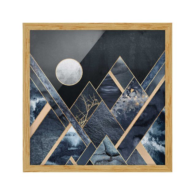 Bild mit Rahmen - Goldener Mond abstrakte schwarze Berge - Quadrat 1:1
