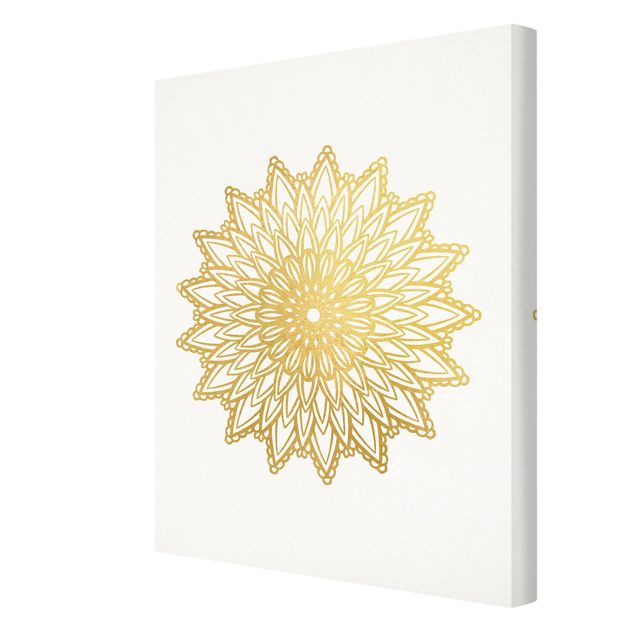 Leinwandbild - Mandala Sonne Illustration weiß gold - Hochformat 4:3