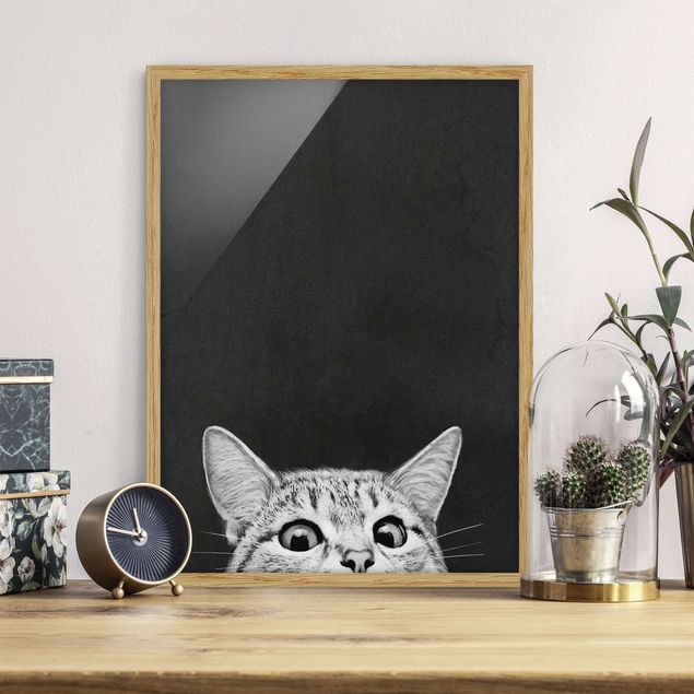 Bild mit Rahmen - Illustration Katze Schwarz Weiß Zeichnung - Hochformat 4:3