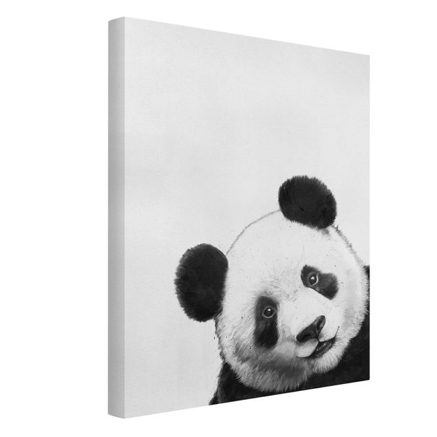 Leinwandbild - Illustration Panda Schwarz Weiß Malerei - Hochformat 4:3