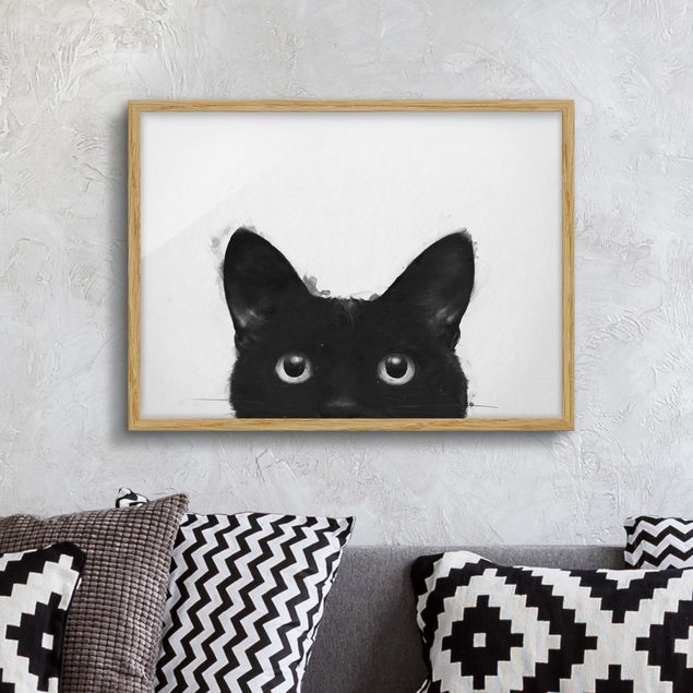 Bild mit Rahmen - Illustration Schwarze Katze auf Weiß Malerei - Querformat 3:4
