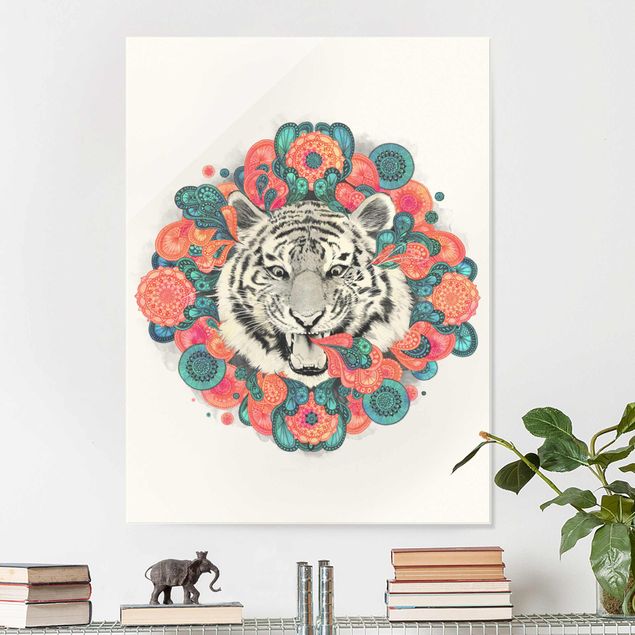 Glasbild - Illustration Tiger Zeichnung Mandala Paisley - Hochformat 4:3