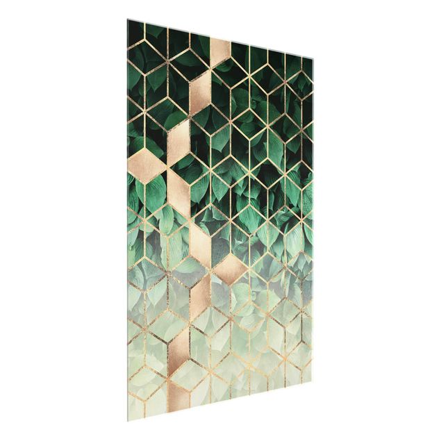 Glasbild - Grüne Blätter goldene Geometrie - Hochformat 4:3