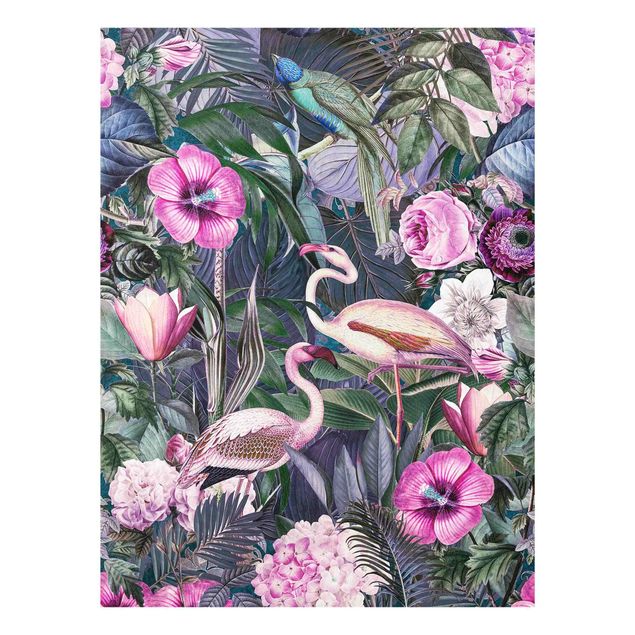 Glasbild - Bunte Collage - Pinke Flamingos im Dschungel - Hochformat 4:3