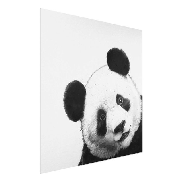 Glasbild - Illustration Panda Schwarz Weiß Malerei - Quadrat 1:1