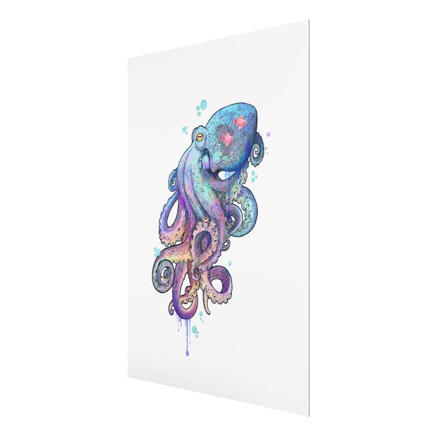 Glasbild - Illustration Oktopus Violett Türkis Malerei - Hochformat 4:3