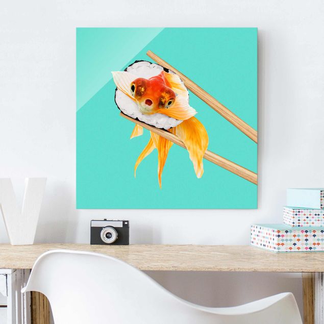 Glas Magnettafel Sushi mit Goldfisch