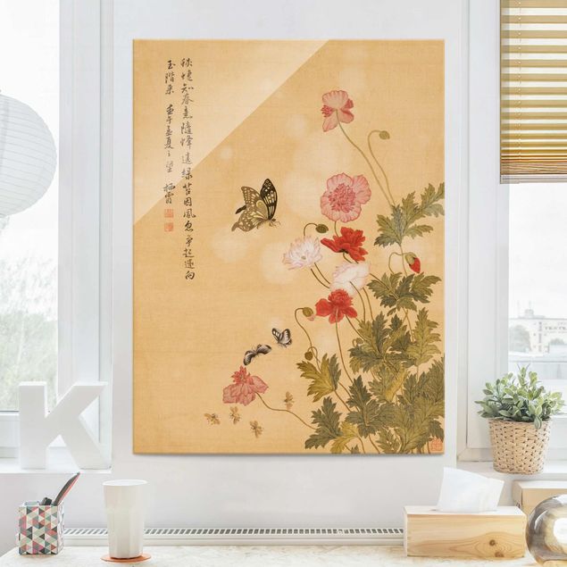 Magnettafel Glas Yuanyu Ma - Mohnblumen und Schmetterlinge