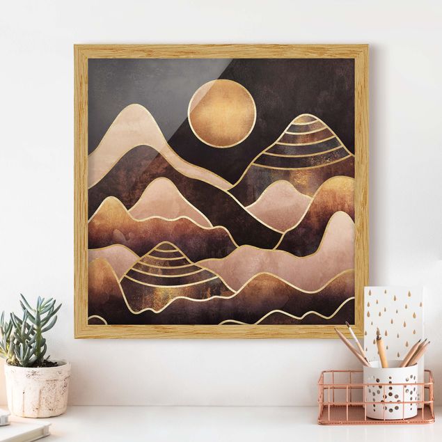 Bild mit Rahmen - Goldene Sonne abstrakte Berge - Quadrat 1:1