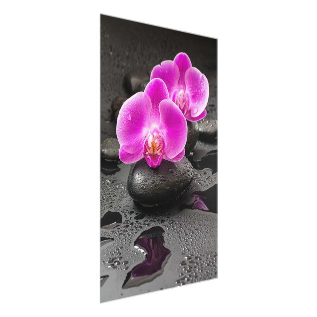 Glasbild - Pinke Orchideenblüten auf Steinen mit Tropfen - Hochformat 3:2
