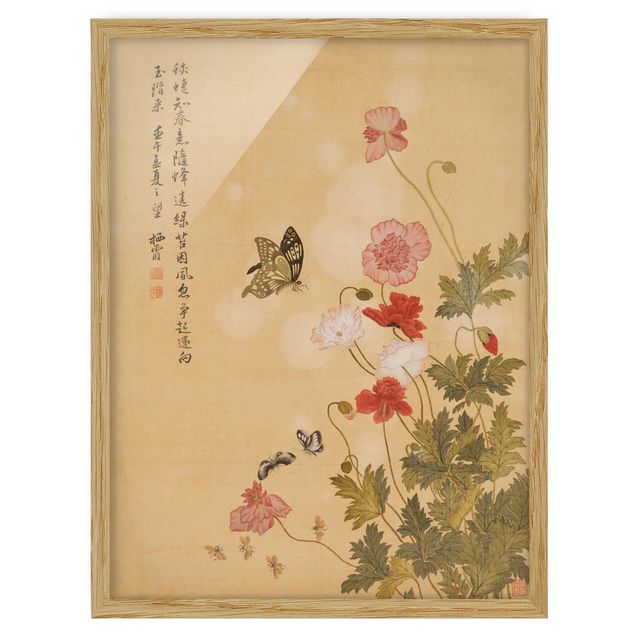 Bild mit Rahmen - Yuanyu Ma - Mohnblumen und Schmetterlinge - Hochformat 4:3