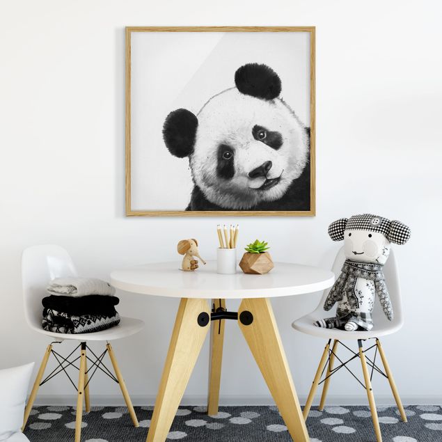 Bild mit Rahmen - Illustration Panda Schwarz Weiß Malerei - Quadrat 1:1
