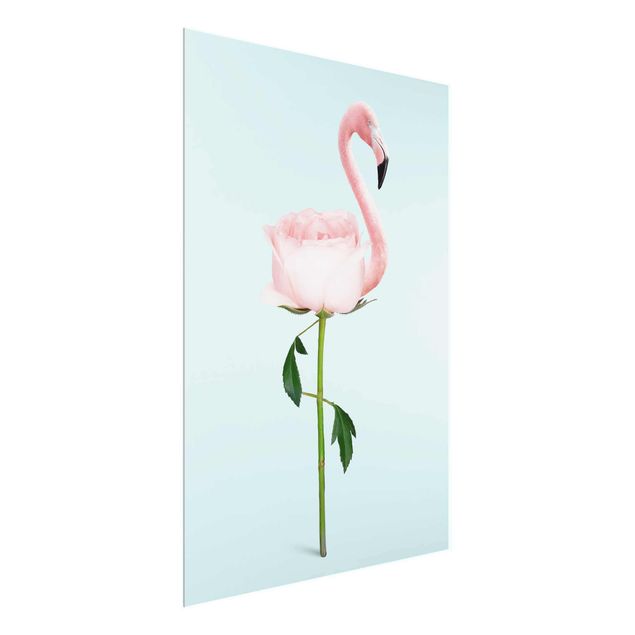 Glasbild - Jonas Loose - Flamingo mit Rose - Hochformat 4:3
