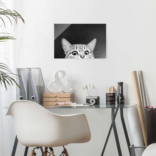 Glas Magnetboard Illustration Katze Schwarz Weiß Zeichnung