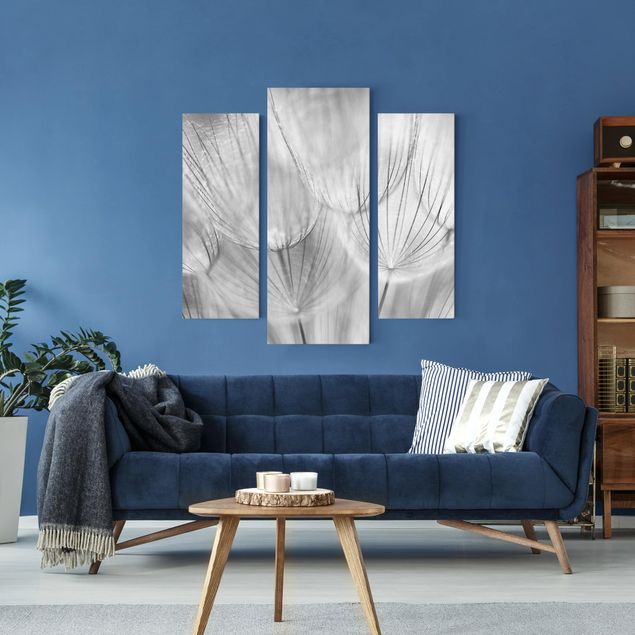 Leinwandbild 3-teilig - Pusteblumen Makroaufnahme in schwarz weiß - Galerie Triptychon