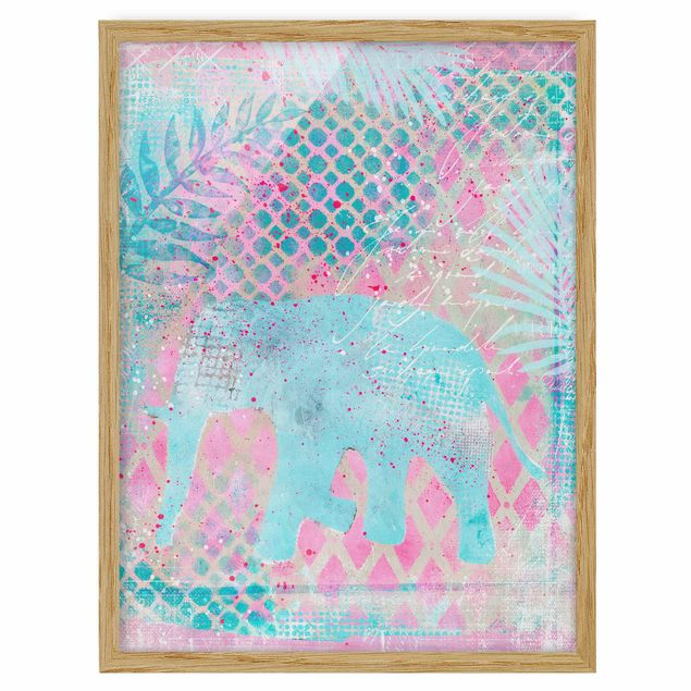 Bild mit Rahmen - Bunte Collage - Elefant in Blau und Rosa - Hochformat 4:3