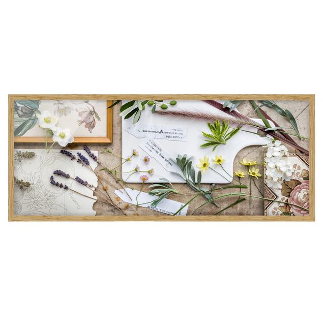Bild mit Rahmen - Blumen und Gartenkräuter Vintage - Panorama Querformat