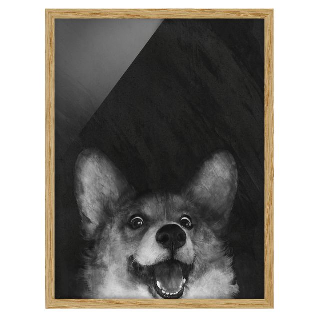 Bild mit Rahmen - Illustration Hund Corgi Malerei Schwarz Weiß - Hochformat 4:3