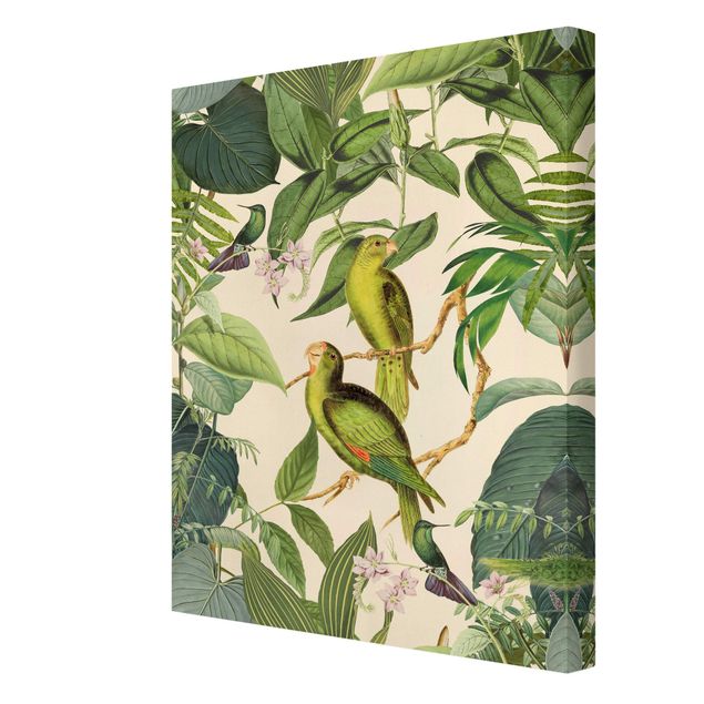 Leinwandbild - Vintage Collage - Papageien im Dschungel - Hochformat 4:3