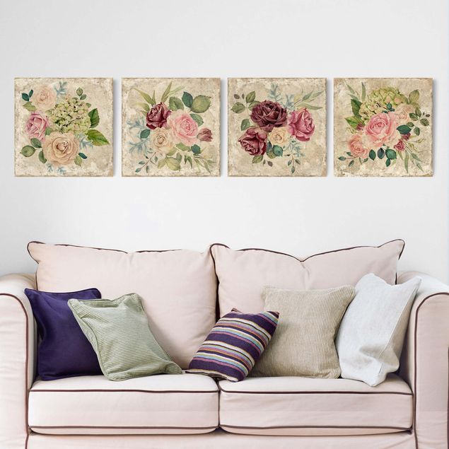 Leinwandbild 4-teilig - Vintage Rosen und Hortensien