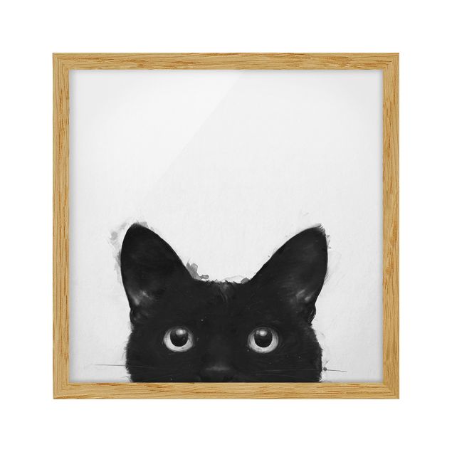 Bild mit Rahmen - Illustration Schwarze Katze auf Weiß Malerei - Quadrat 1:1