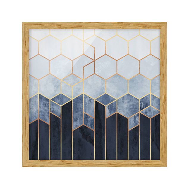 Bild mit Rahmen - Goldene Sechsecke Blau Weiß - Quadrat 1:1