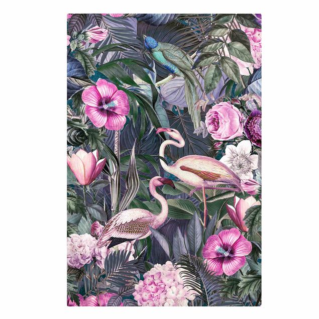 Leinwandbild - Bunte Collage - Pinke Flamingos im Dschungel - Hochformat 3:2