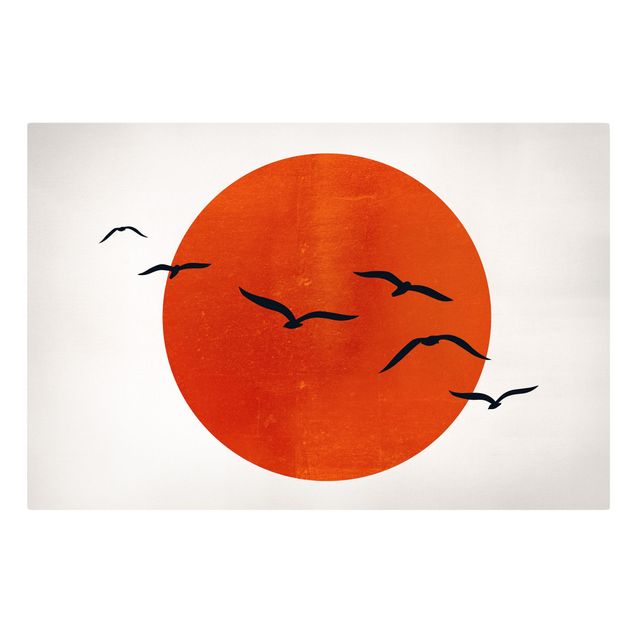 Leinwandbild - Vogelschwarm vor roter Sonne I - Querformat 2:3