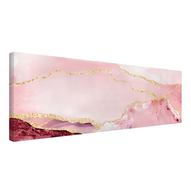 Leinwandbild - Abstrakte Berge Rosa mit Goldene Linien - Panorama 1:3