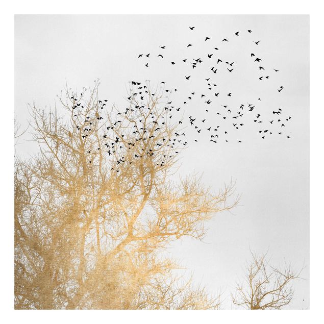 Leinwandbild - Vogelschwarm vor goldenem Baum - Quadrat 1:1
